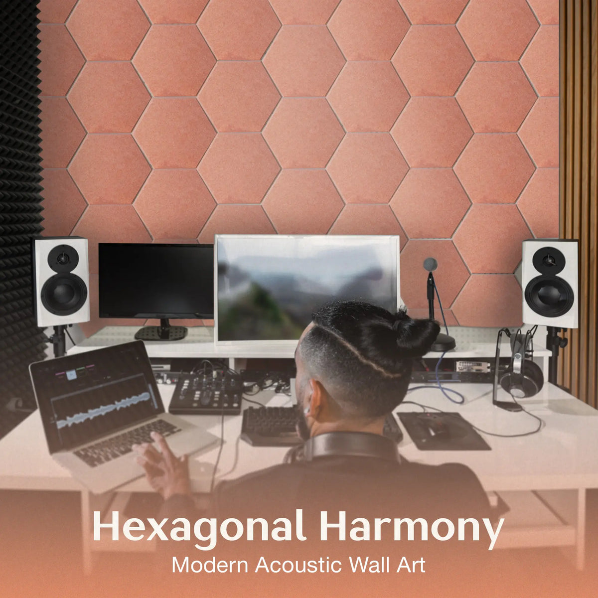 A person seated at a desk in a home studio setup, viewed from behind, with a large wall of peach hexagonal acoustic panels behind them. The desk includes speakers, monitors, a laptop, and other audio equipment.