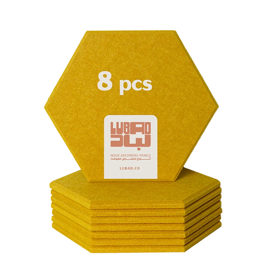 A stack of eight hexagonal gold acoustic foam panels, with one panel standing upright on top. The top panel features a white label with the brand name 'LUBAD' and the text '8 pcs' and 'NOISE-ABSORBING PANELS'.