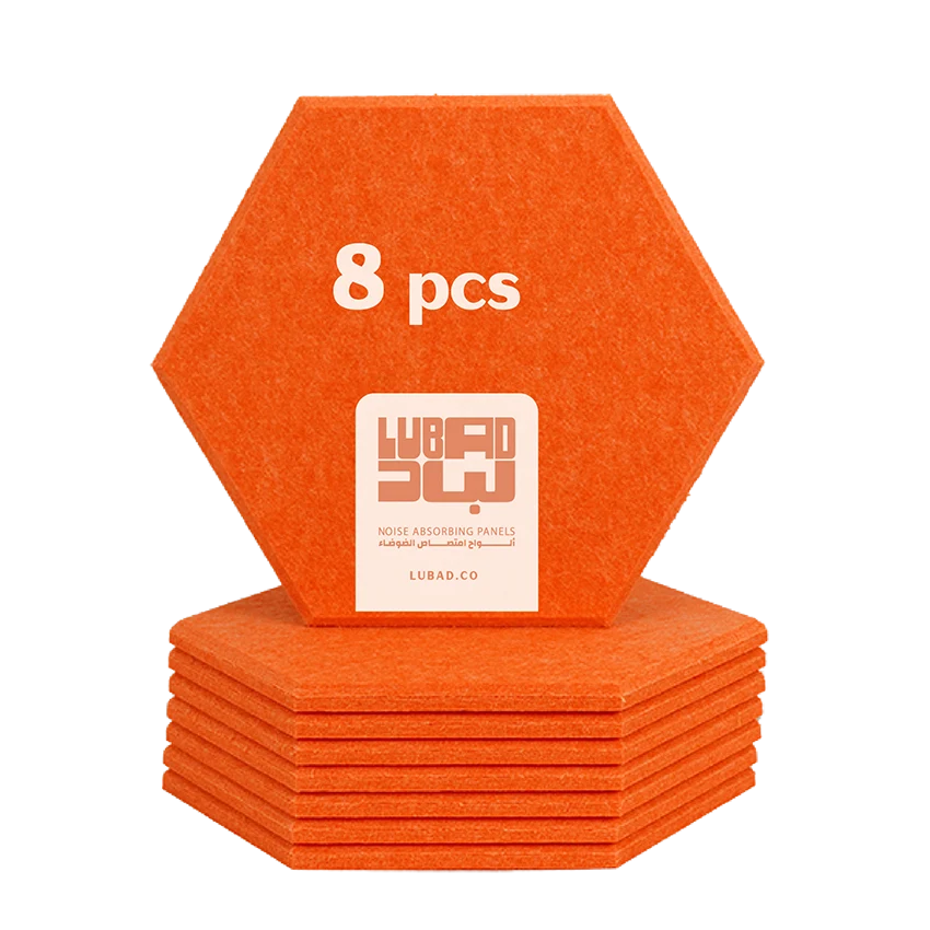 A stack of eight orange hexagonal felt noise absorbing panels, with one panel standing upright on top. The top panel features the text '8 pcs' and a white square label with the brand name 'LUBAD' and website 'LUBAD.