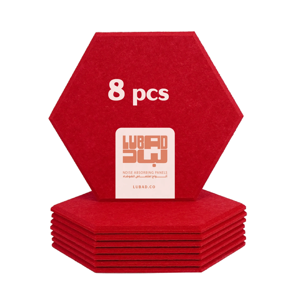 A stack of eight red hexagonal noise absorbing panels, with one panel standing upright on top. The top panel features white text reading '8 pcs' and a white square label in the center with the Lubad 3W brand logo and 'Noise Absorbing Panels' text.
