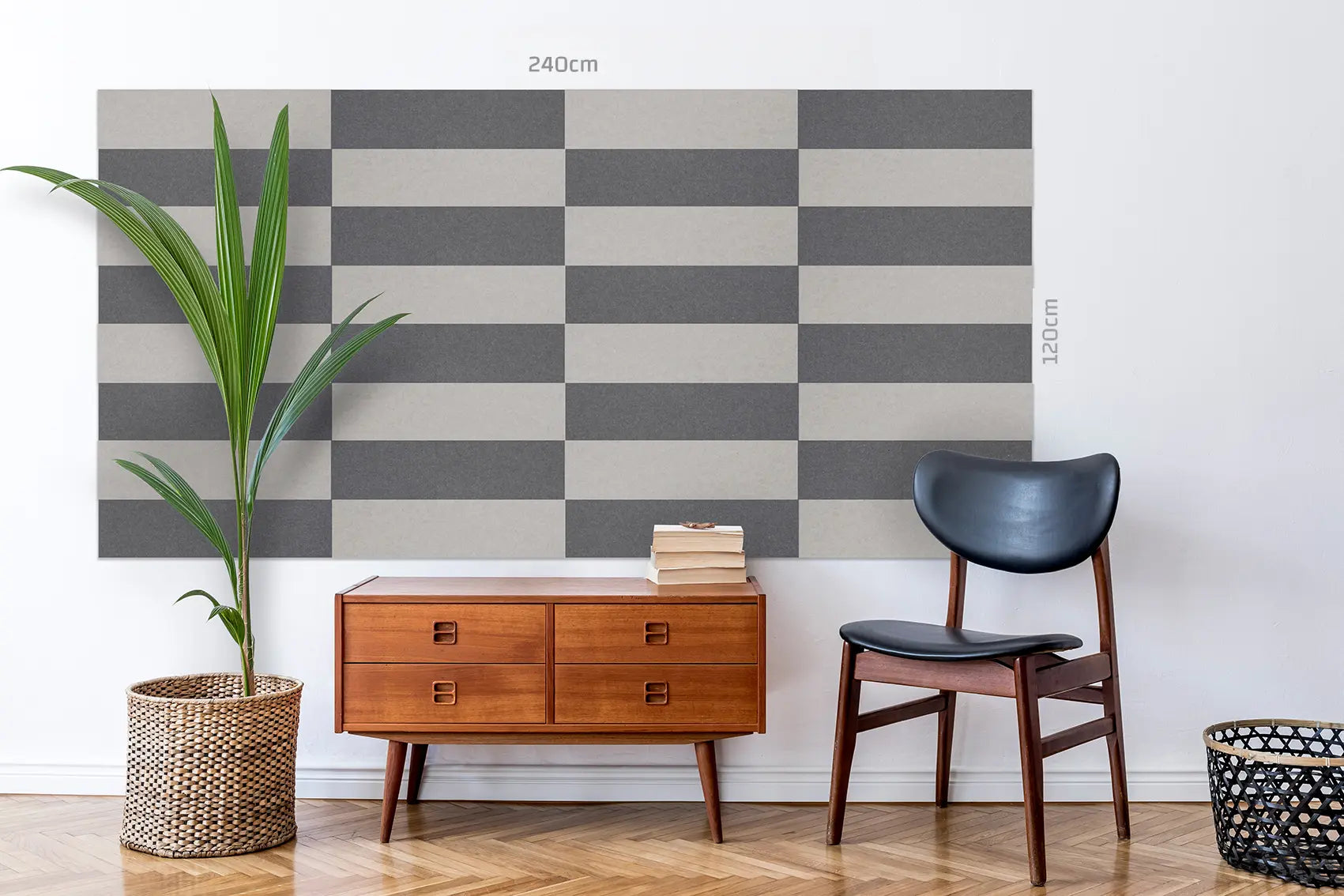 A large wall mural or wallpaper featuring a gray and beige checkerboard pattern, shown in a styled room setting with a mid-century wooden cabinet, a black chair, a potted plant, and dimension labels indicating 240cm by 300cm.