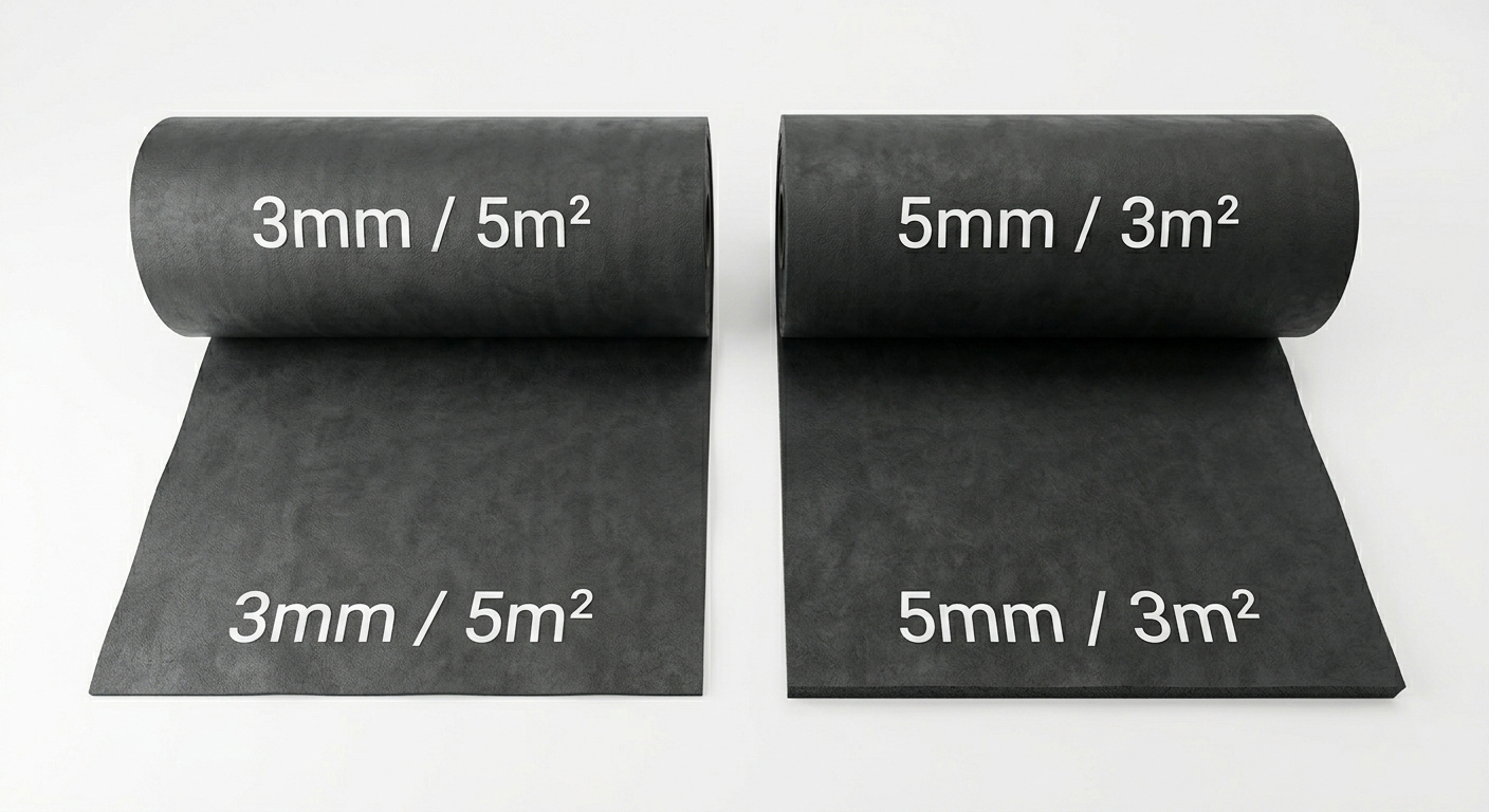 Lubad MLV soundproofing membrane roll size comparison — 3mm/5m² and 5mm/3m² variants