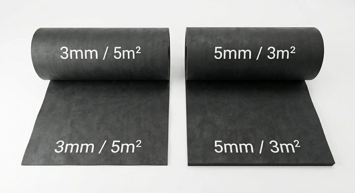 Two rolls of black rubber matting with white printed text showing thickness and area specifications: 3mm / 5m² and 5mm / 3m². One roll is partially unrolled to show the material surface on a plain white background.