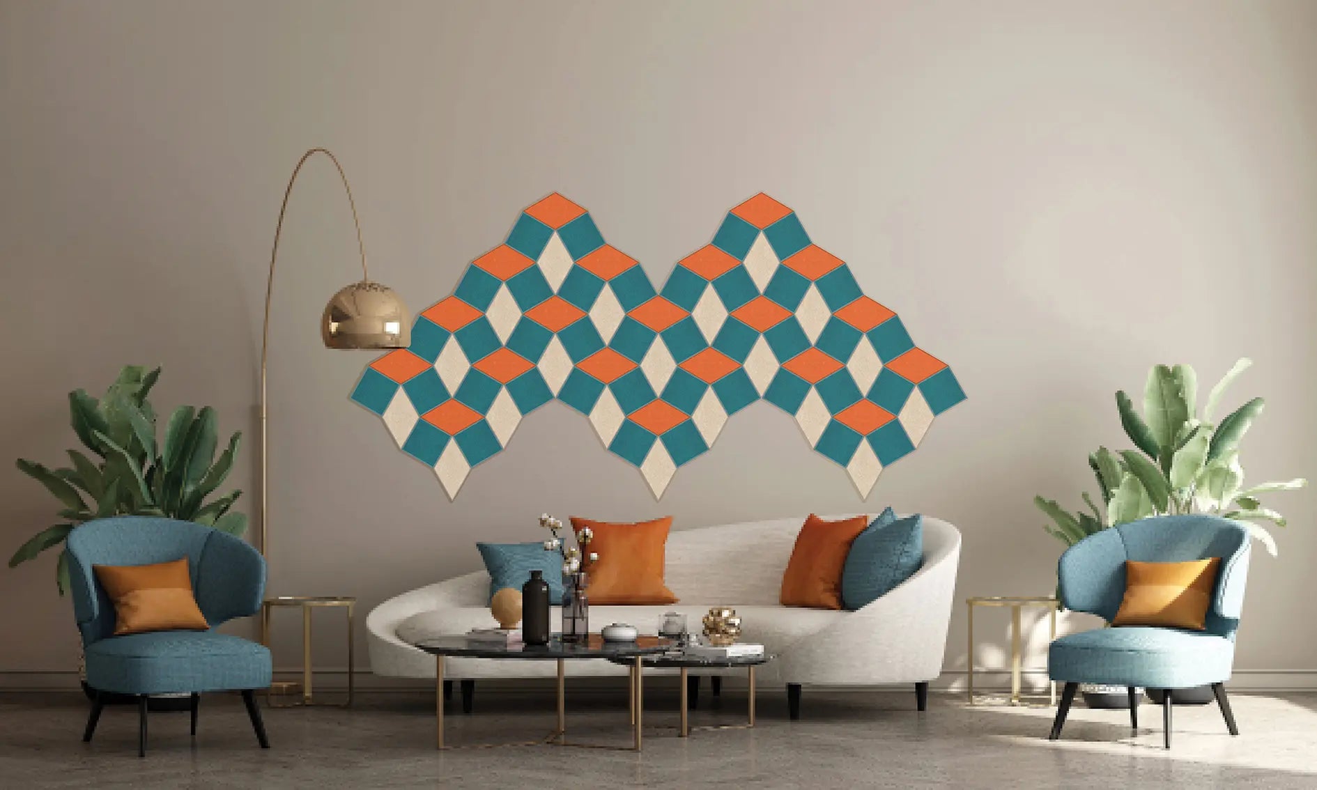 A modern living room scene with a curved white sofa, two blue armchairs, a coffee table, and a large geometric diamond wall art piece in teal, orange, and white mounted on the wall.