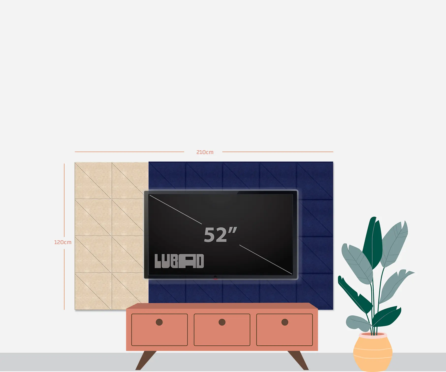 A dimension diagram showing a wall-mounted TV setup with a 52-inch screen, a peach media console, a beige textured panel, and a dark navy blue panel, with measurement lines and labels on a light gray background.