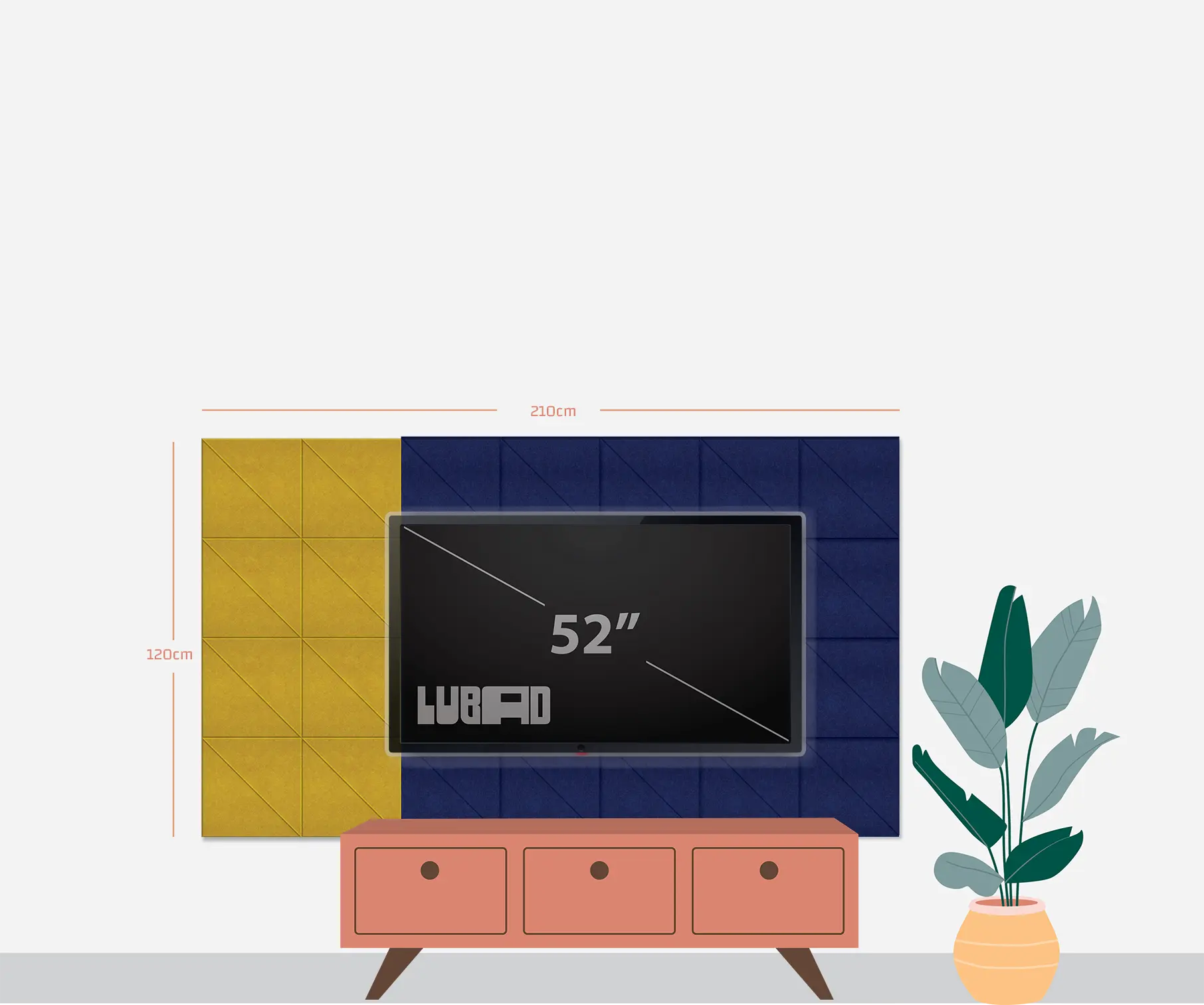 A stylized interior layout showing a wall-mounted TV setup with dimension annotations: a 52-inch TV centered on a dark blue paneled wall, a mustard yellow accent panel on the left, a coral console below, and a potted plant to the right. The image functions as a measurement/informational graphic rather than a clean product hero shot.
