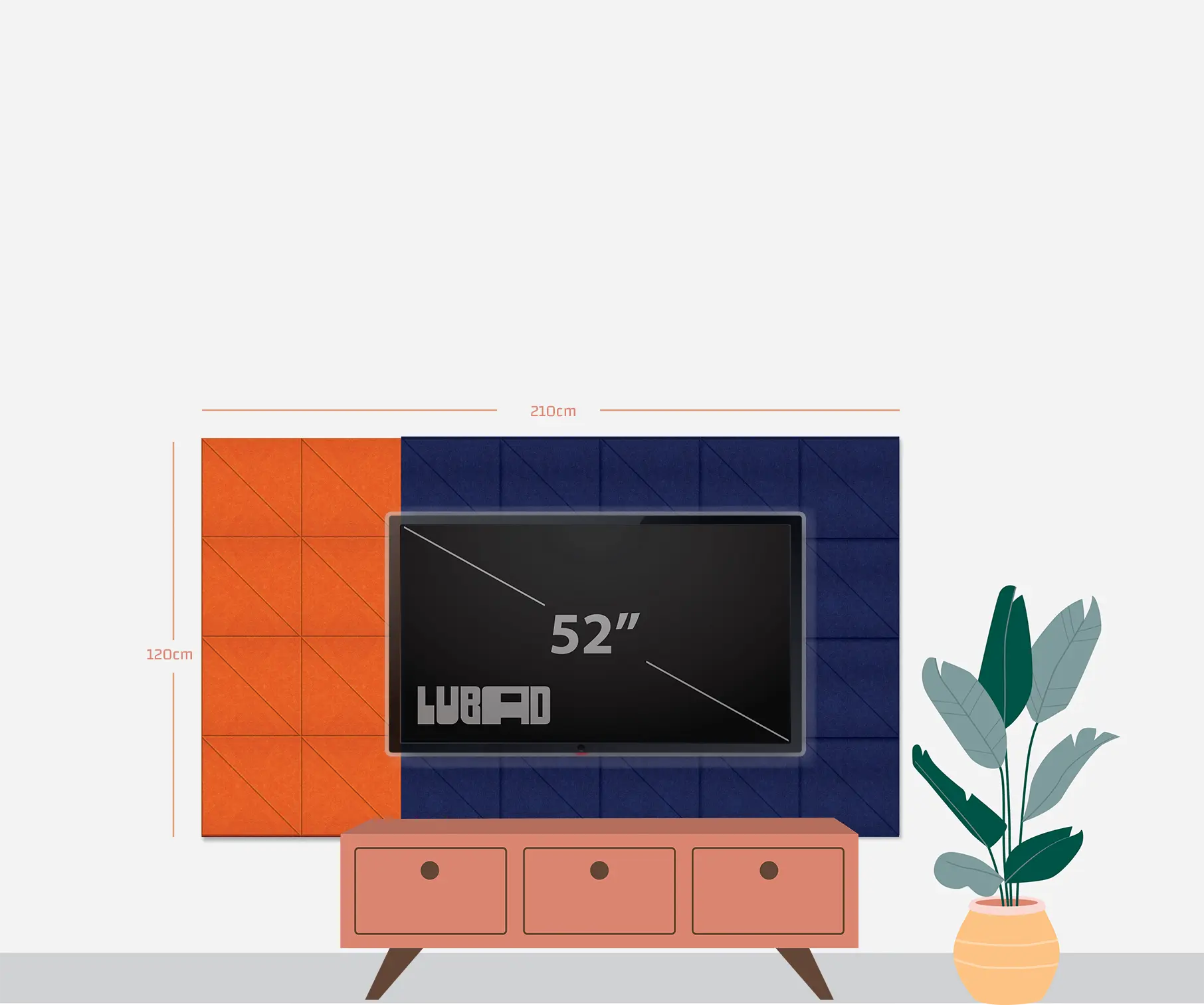 A 52-inch wall-mounted TV screen mockup shown with dimension lines indicating 2120 cm width and 1200 cm height, above a peach media console. The wall is split into two textured panels: orange on the left and dark blue on the right.