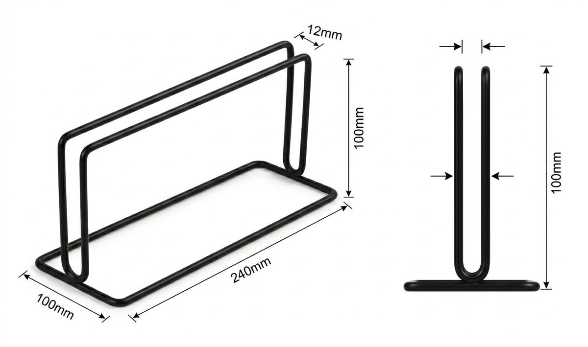 Black metal wire shelf or organizer rack shown on a white background with dimension annotations: 240mm width, 100mm height, 100mm base width, and 12mm vertical spacing.
