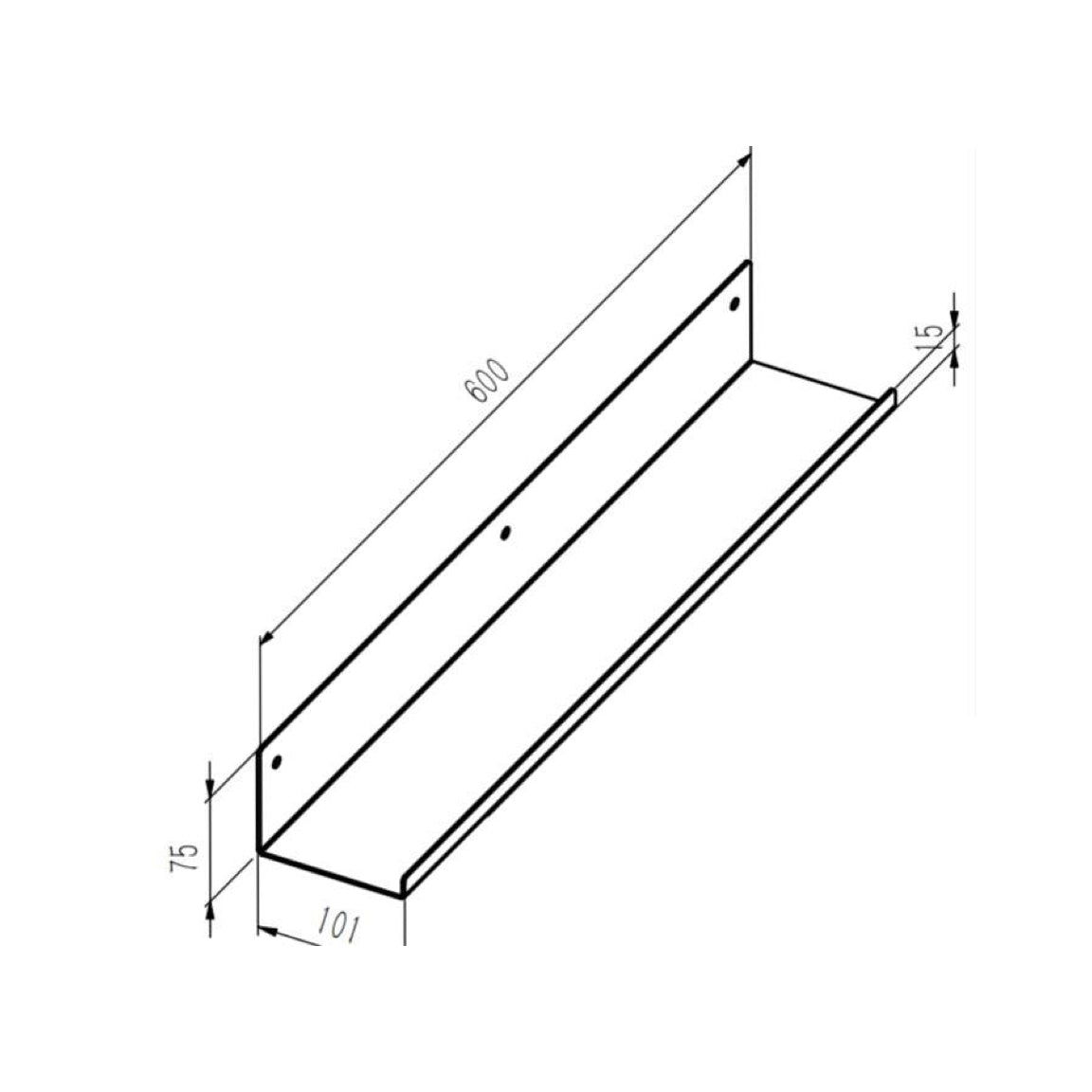 Technical drawing of a shelf showing dimensions.