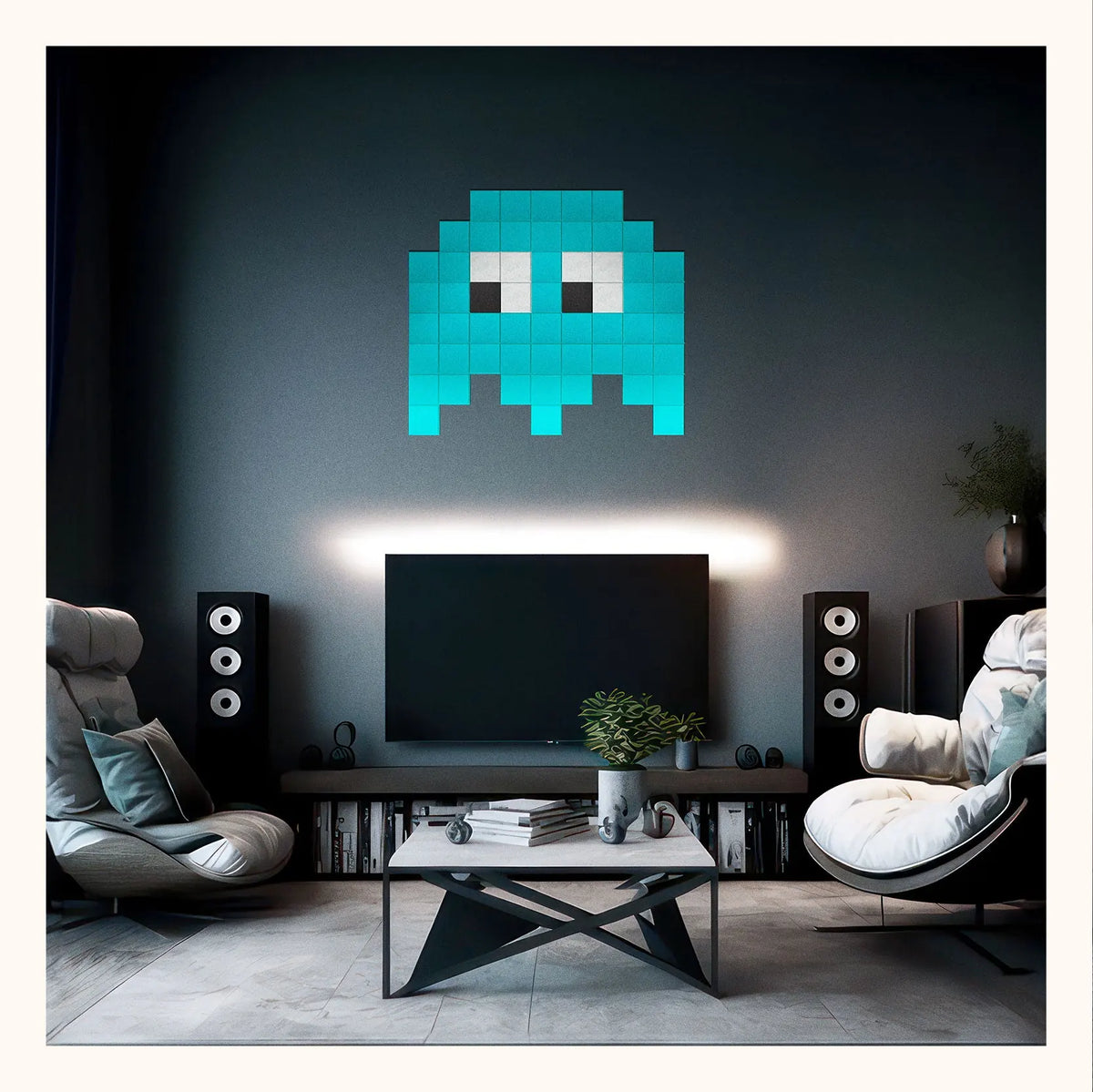 Pixel wall art featuring a turquoise Space Invader character in a pixelated style, displayed on a dark wall above TV