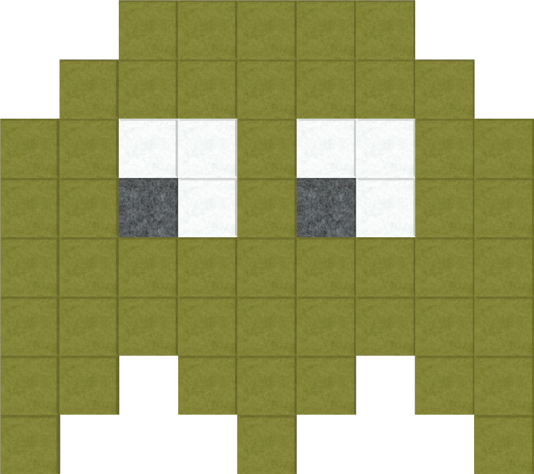 Pixel wall art featuring a green Space Invader character in a pixelated style, displayed on a transparent background.