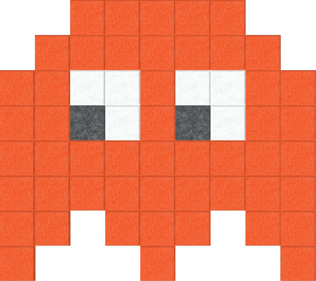 Pixel wall art featuring a orange Space Invader character in a pixelated style, displayed on a transparent background.