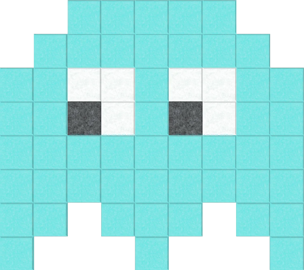 Pixel wall art featuring a turquoise Space Invader character in a pixelated style, displayed on a transparent background.