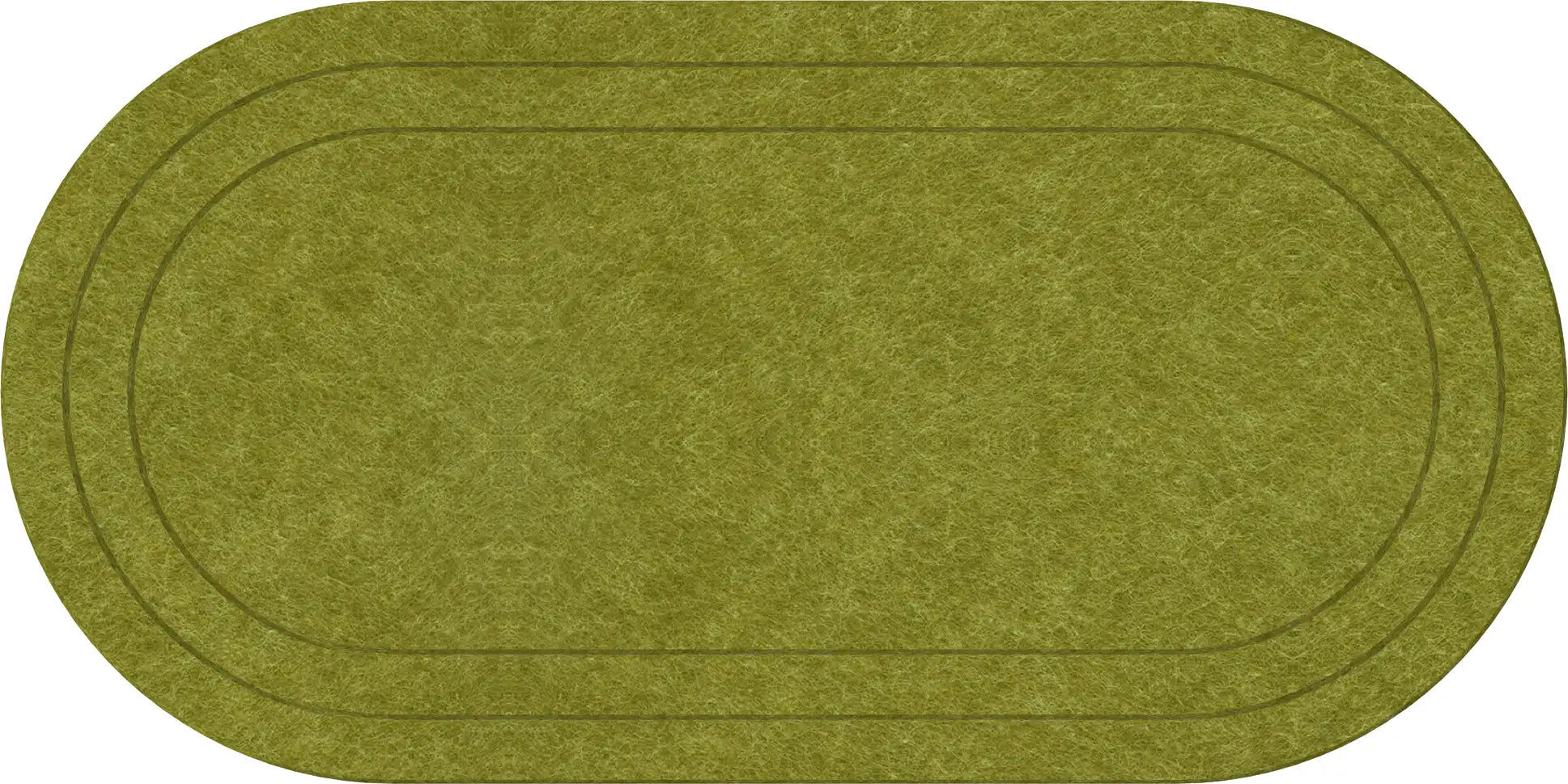 An oval area rug with a textured olive green surface and darker olive green concentric border lines, shown flat against a white background.
