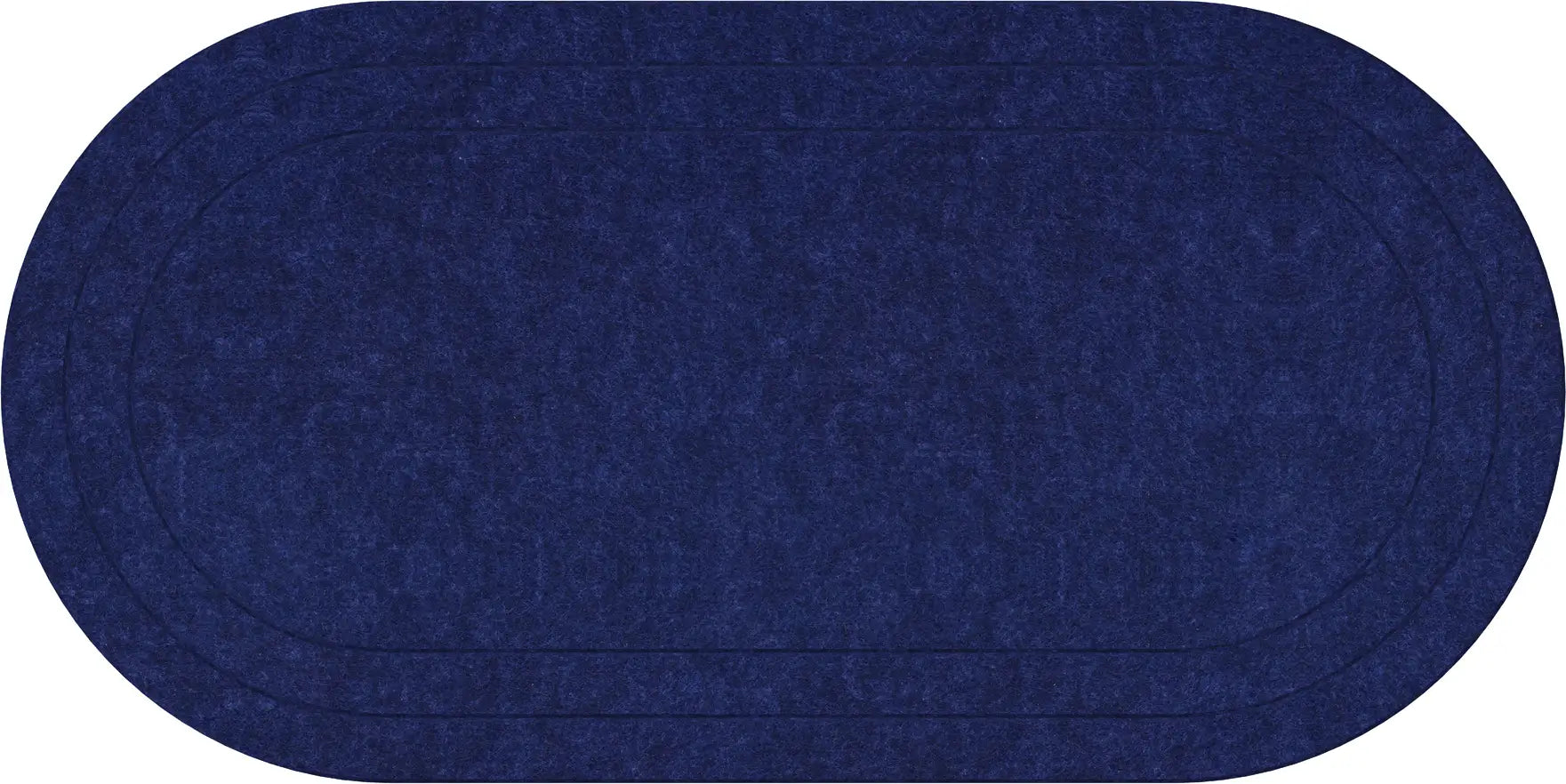 An oval-shaped navy blue rug with a subtle textured pattern and concentric border lines, shown against a plain white background.