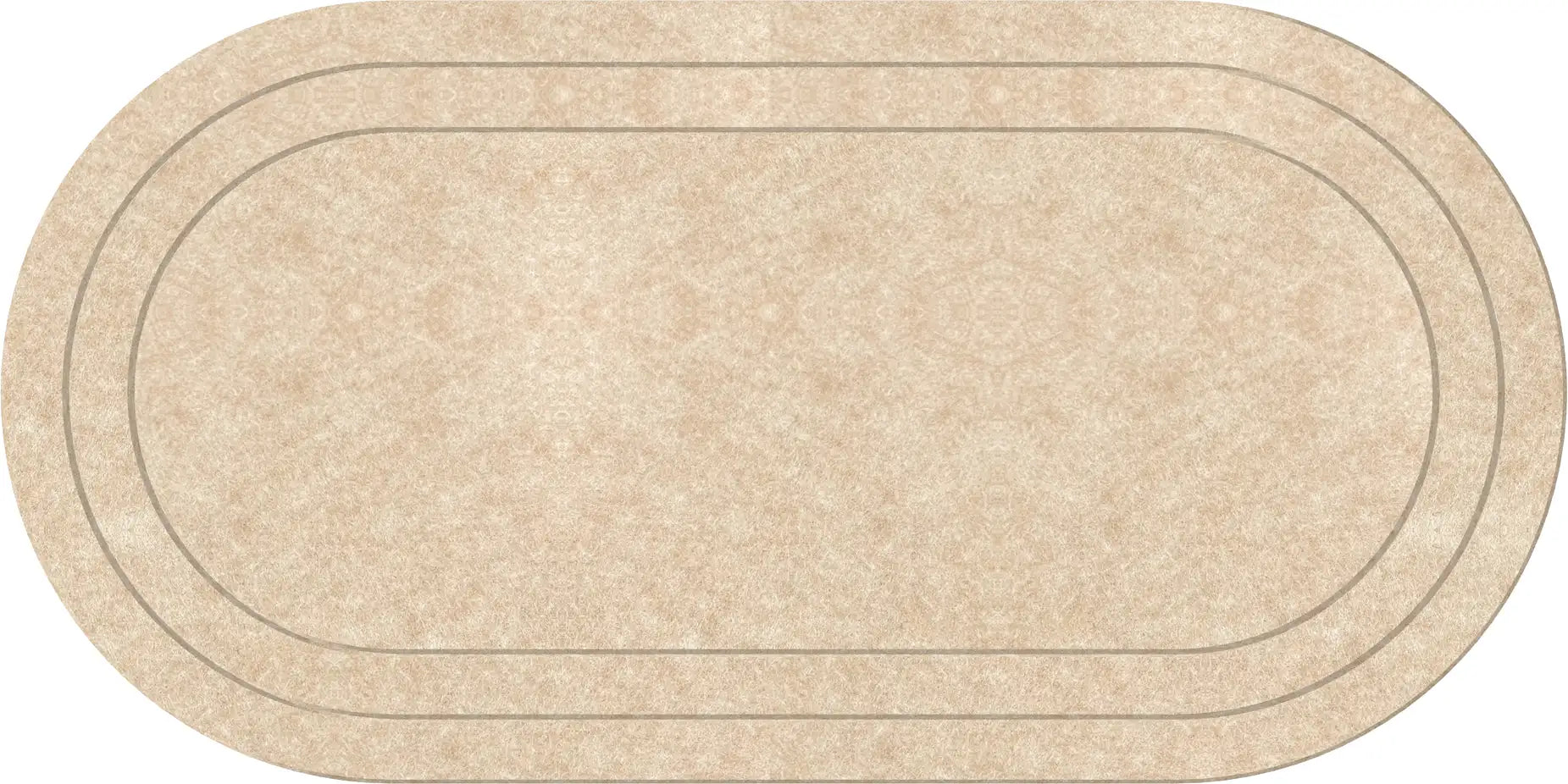 An oval area rug with a textured beige and cream damask pattern, featuring two concentric dark gray border lines.