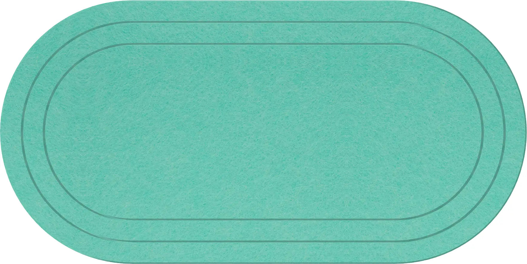 An oval-shaped turquoise rug with a textured surface and two concentric dark grey border lines, shown on a plain white background.