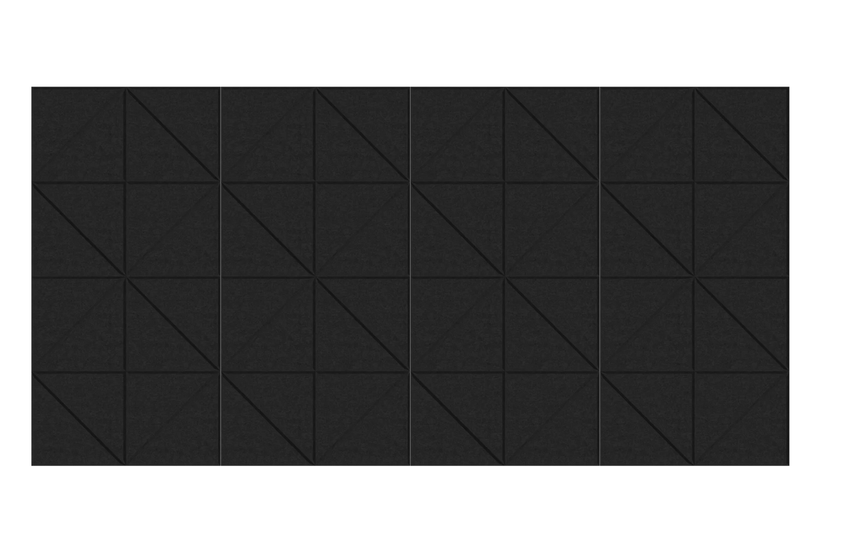 A rectangular black acoustic wall panel with a geometric triangular grid pattern, shown against a plain white background.