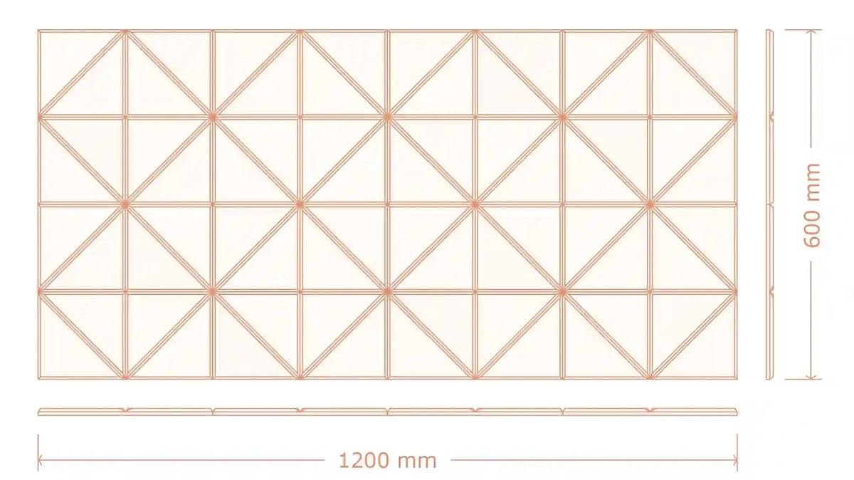 A technical line drawing of a rectangular panel with a repeating triangular lattice pattern, annotated with dimensions 1200 mm wide and 600 mm high on a white background.