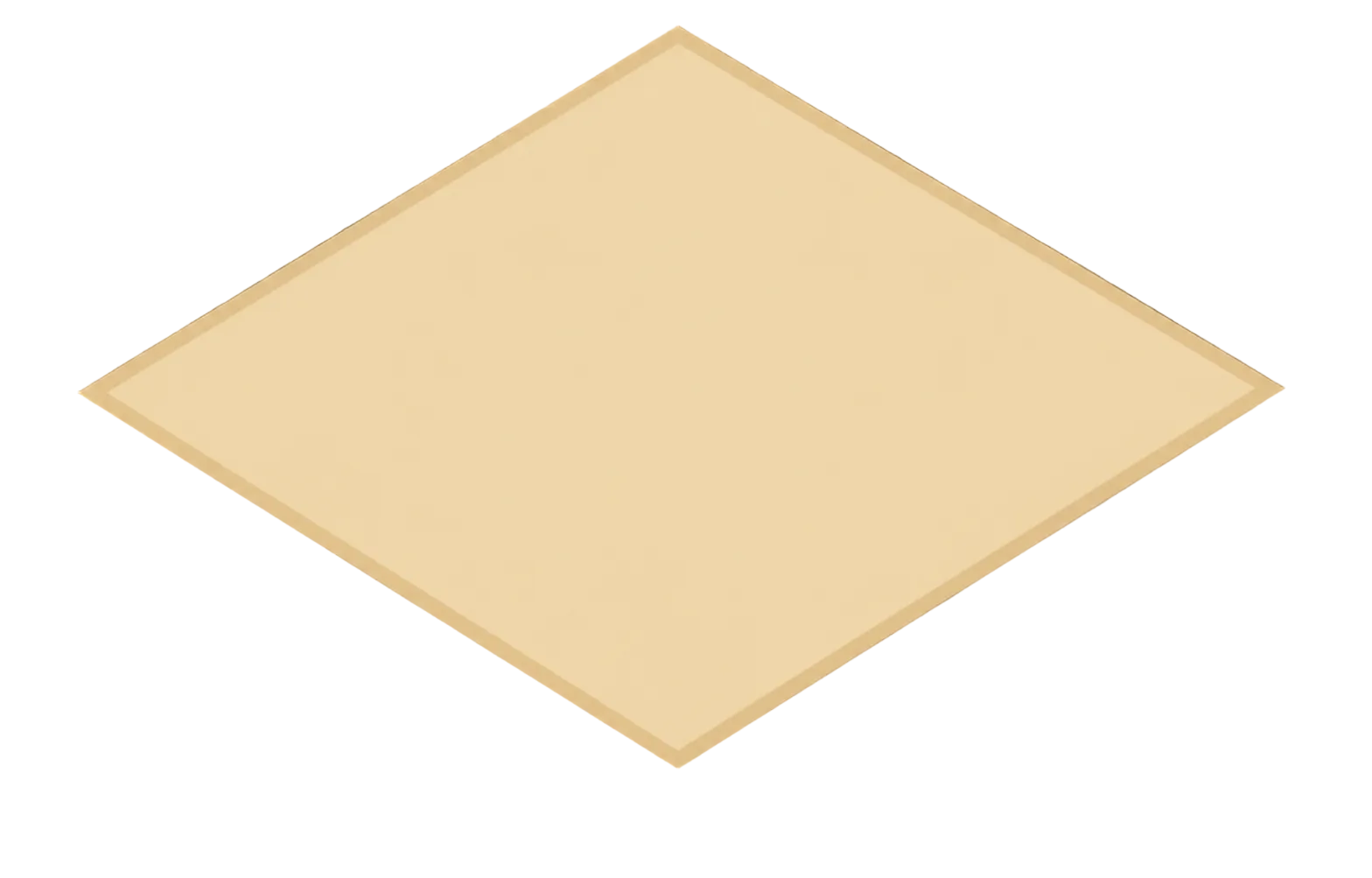 A blank, blanked-out diamond-shaped beige card or poster mockup on a black and white checkered transparency background.