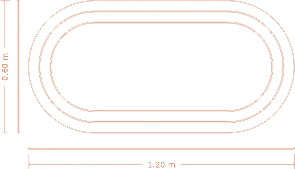 A minimalist line drawing of an oval track with dimension labels showing 0.60 m height, 1.