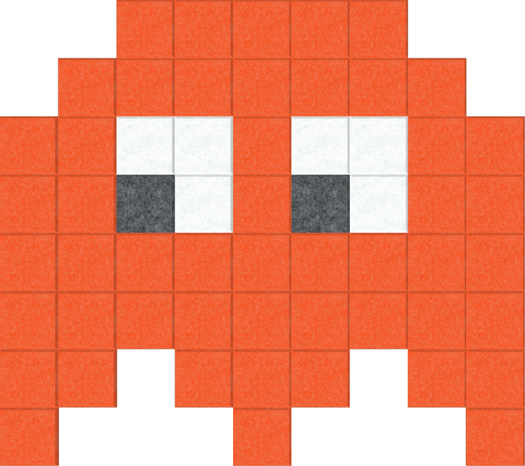 Pixel wall art featuring a orange Space Invader character in a pixelated style, displayed on a transparent background.