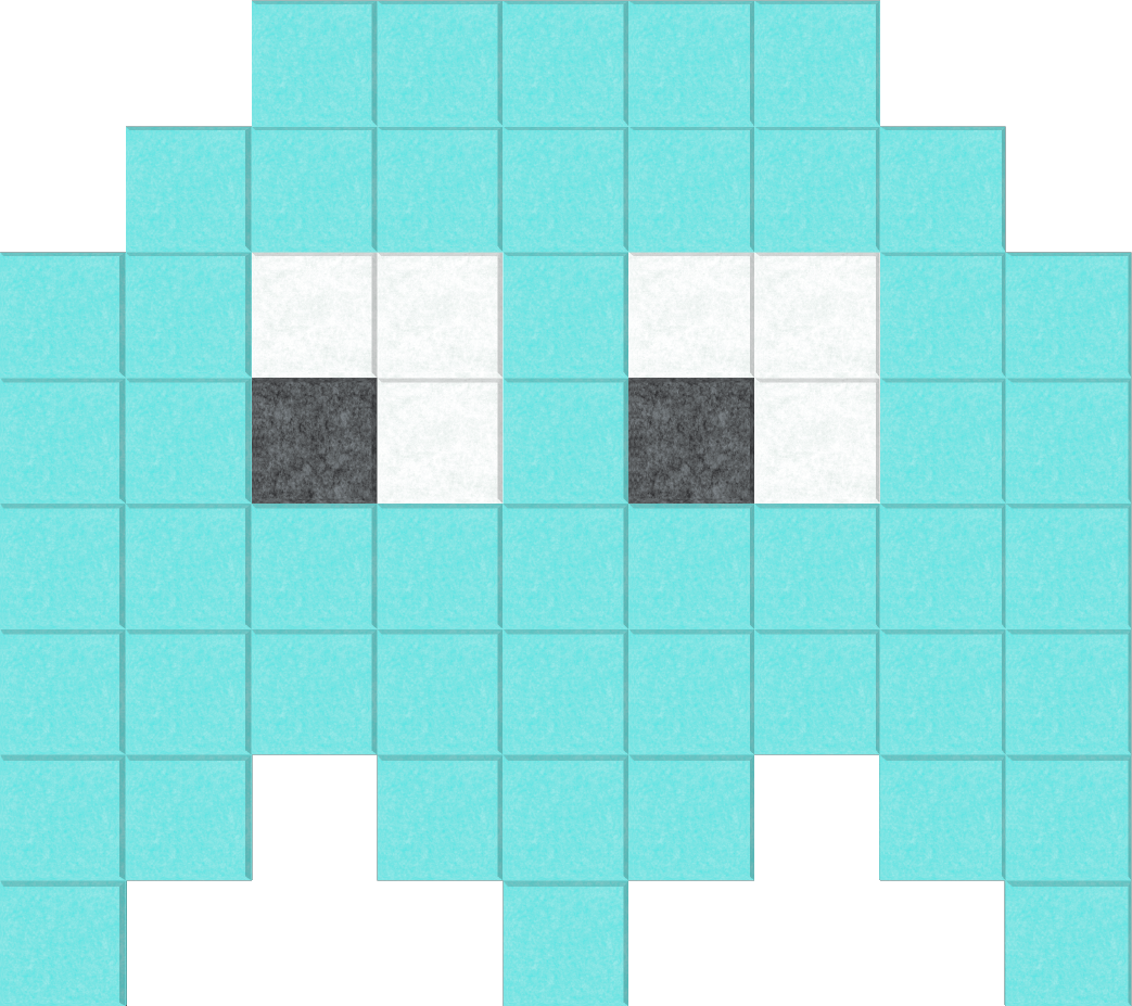 Pixel wall art featuring a turqouise Space Invader character in a pixelated style, displayed on a transparent background.