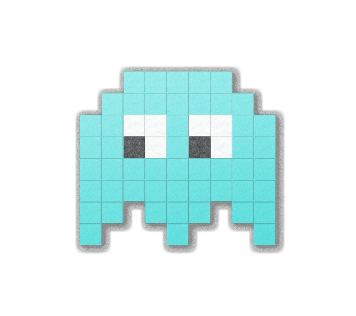 Pixel wall art featuring a turqouise Space Invader character in a pixelated style, displayed on a white background.